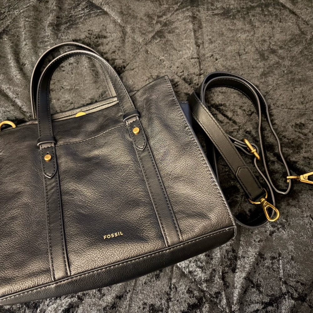 Fossil Black Leather Handbag with Gold Details